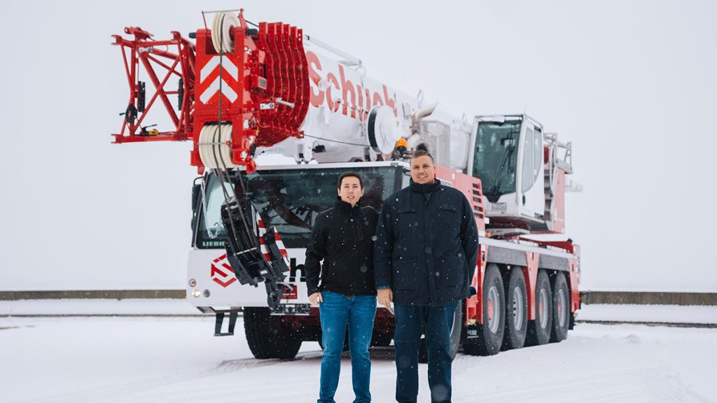 Schuch Buys 15 New Liebherr Mobile Cranes Schuch takes delivery of one of the first mobile cranes from its large order in the form of the LTM 1150-5.3 in Ehingen – from left to right: Tim Schuch, Stefan Schuch.