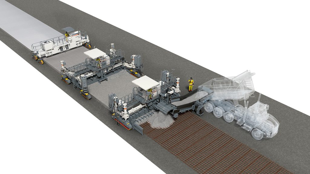 Wirtgen Concrete Paving Train: Usually, a placer/spreader is deployed in combination with a slipform paver and a texture curing machine when paving with pre-placed steel rebar