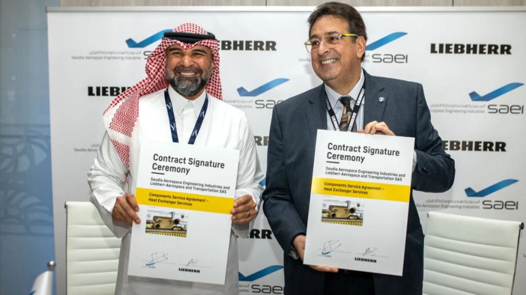 Fahd Hamzh Cynndy, CEO of SAEI (left) and Alex Vlielander, Chief Services Officer, Liebherr-Aerospace & Transportation SAS