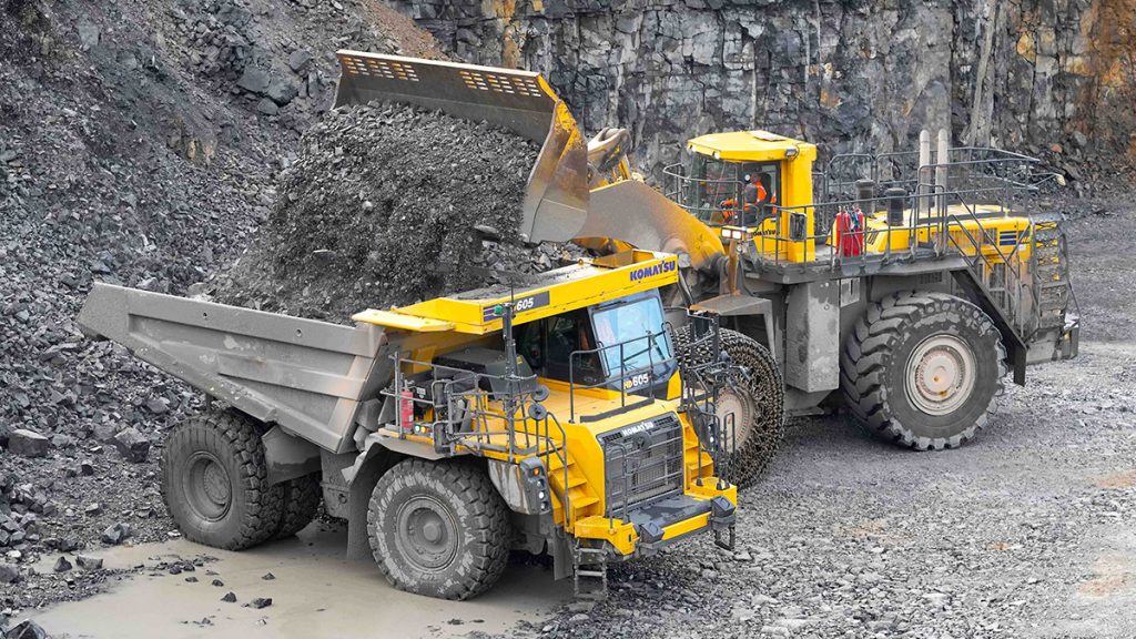 The first Komatsu HD605-8 rigid dumper in Ireland, pictured with its 60-tonne payload at Irish Cement’s quarry in Mungret.