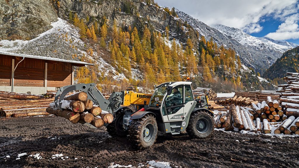 The entire portfolio includes three telescopic handler models for industrial material handling – here model T 60-9s in a sawmill.