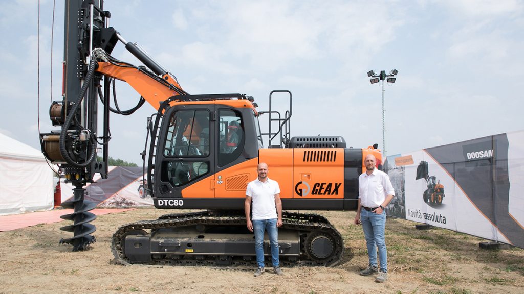 from left, Alessandro Baldazzi, Geax Sales Manager; Christian Randi, Doosan Infracore After Market Manager for Southern Europe