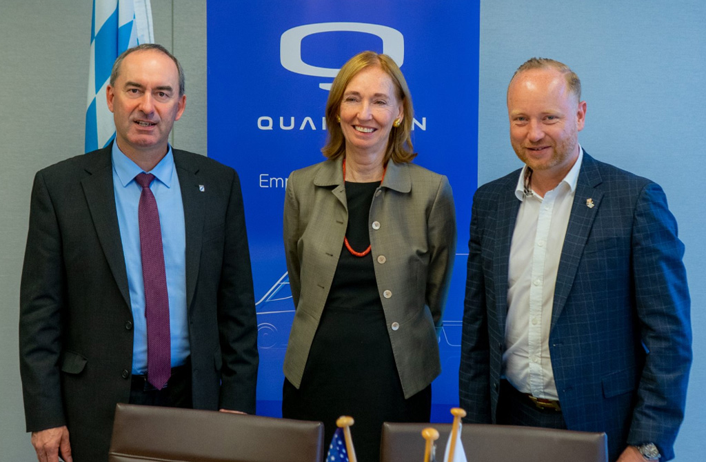Decarbonization of Trucking Summit in the US Federal Ministry of Economic Affairs (Hubert Aiwanger –Deputy Minister President of Bavaria and Bavarian Minister of Economic affairs, Dr. Emily Haber – German Ambassador and Andreas Haller – Founder and Chairman of the Board of QUANTRON)
