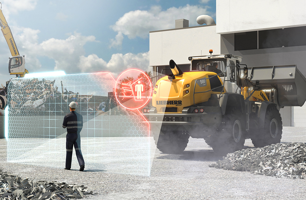 The active personnel detection with brake assistant automatically reduces the speed of the wheel loader as soon as the sensors detect a source of danger.