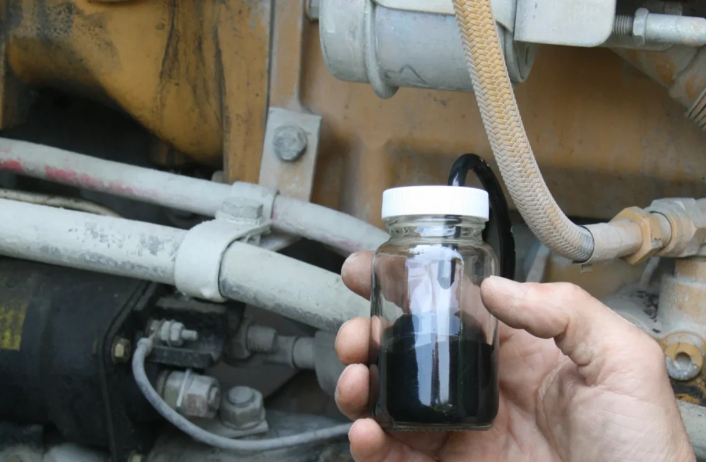 Close-up of oil analysis equipment used for diagnosing hydraulic system conditions in heavy equipment.
